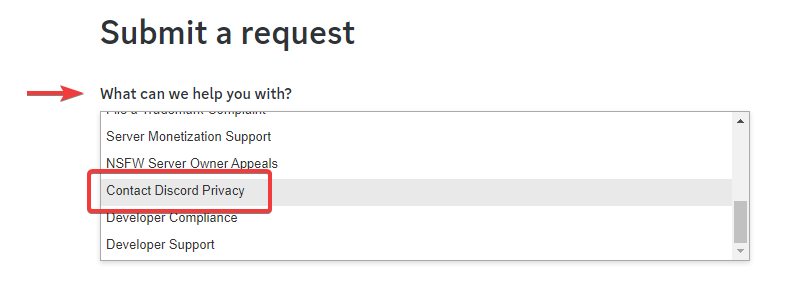 Ticket category: Contact Discord Privacy